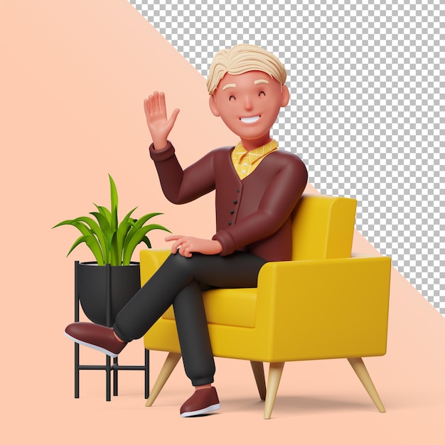 Personaggio maschile 3d che saluta mentre è seduto su una sedia