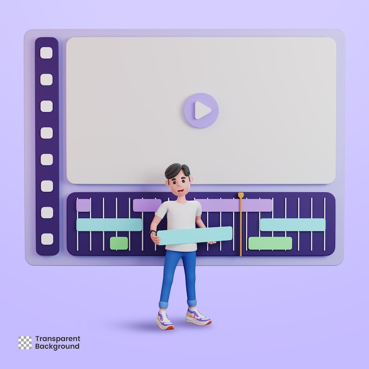 PSD 3d male character working as video editor