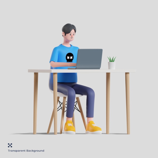 3d male character working on laptop while sitting in chair