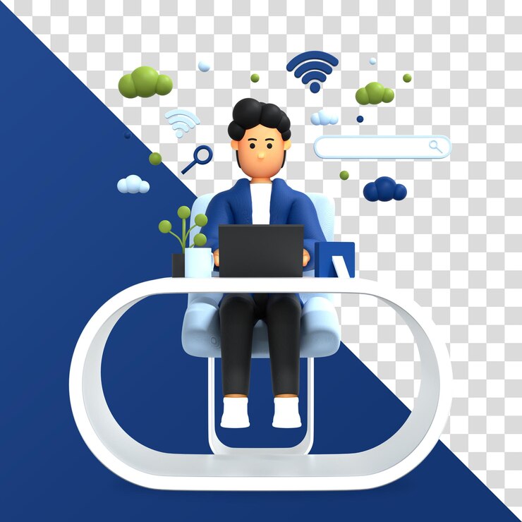 PSD 3d male character working using laptop freelancer search bar 3d rendering premium psd