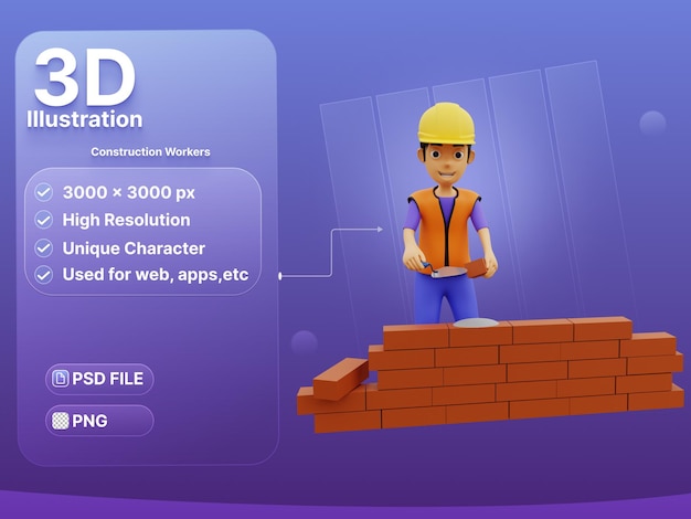 PSD レンガを敷設する3d男性建設労働者のキャラクター