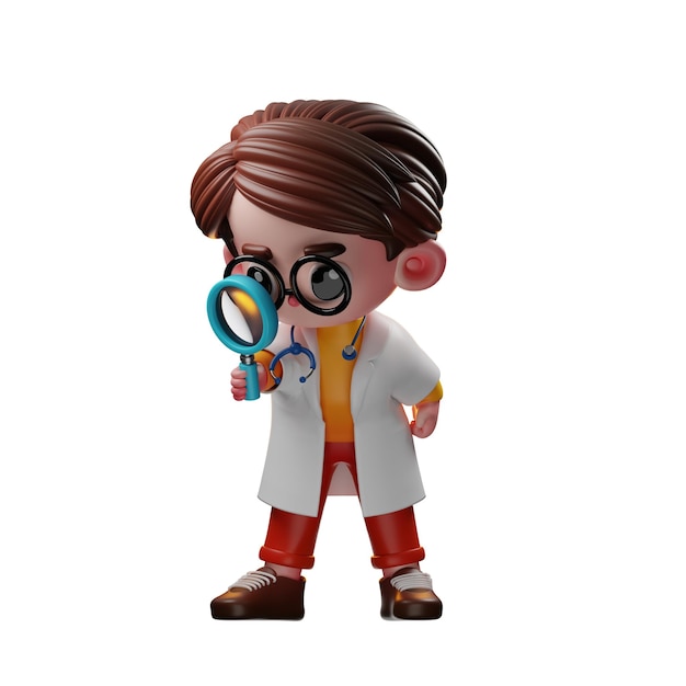 PSD 3d male doctor character looking with a magnifier