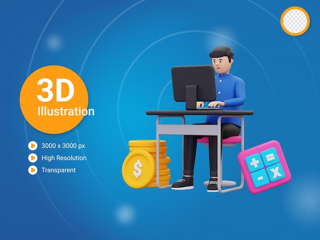 3d male employee working at office illustration