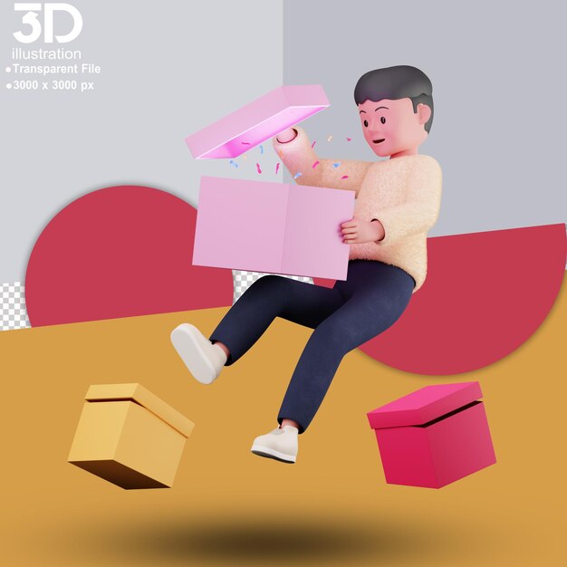 PSD 3d мужская открытая подарочная коробка 3d иллюстрация 3d персонаж на изолированном фоне