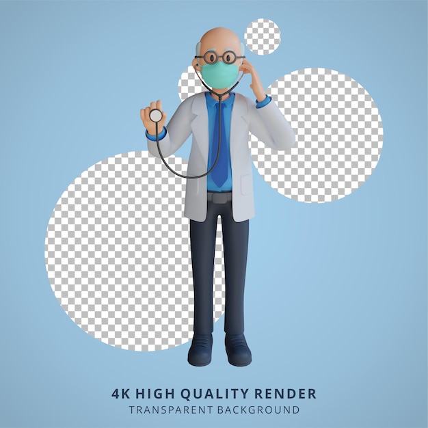 PSD 3d male senior doctor wearing a mask holding a stethoscope character design illustration