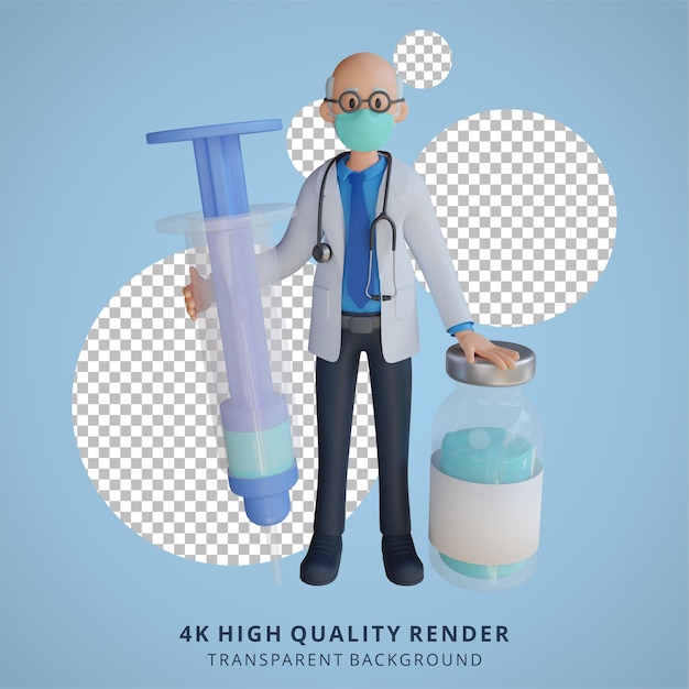 3d male senior doctor wearing a mask holding a vaccine injection character design illustration