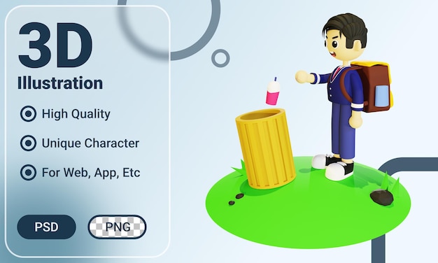 3d male student throwing trash into the trash can illustration