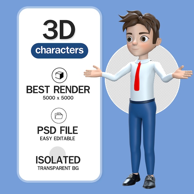 3d man cartoon character businessman in suit render isolated his hands to the sky