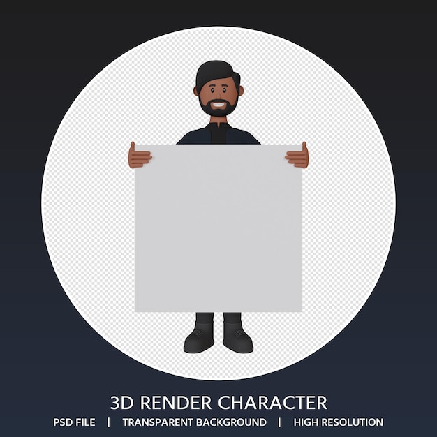 PSD 3d man character holding blank placard