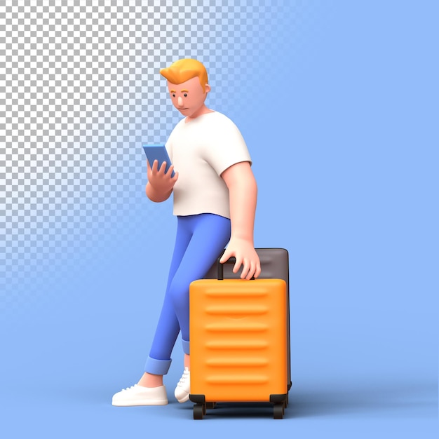 3D-man die smartphone gebruikt en op bagage zit