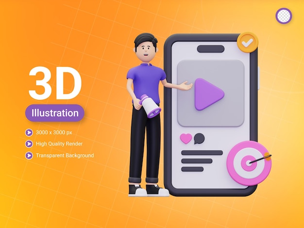 PSD 3d man doing digital marketing illustration