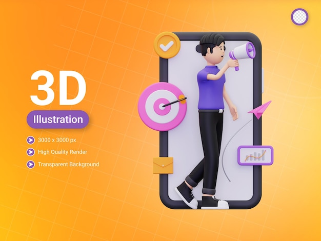 PSD 3d man doing online marketing illustration