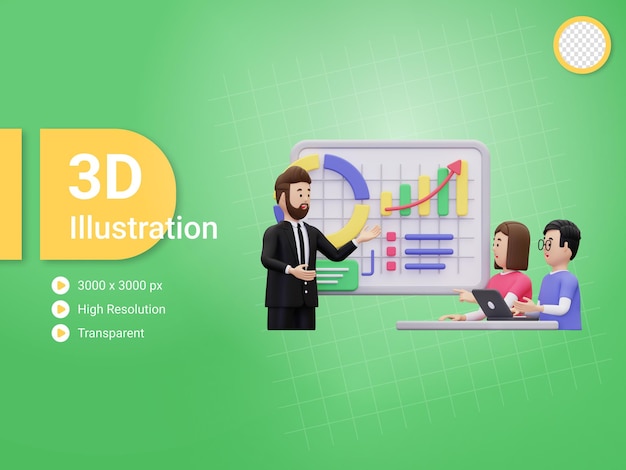 Uomo 3d che dà presentazione all'illustrazione dei partner commerciali