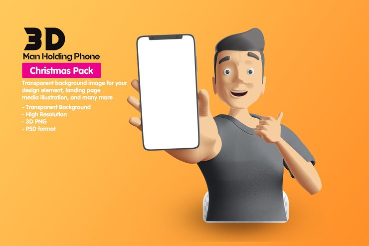 PSD 3d man holding phone touchscreen technology business concept 3d cartoon illustration