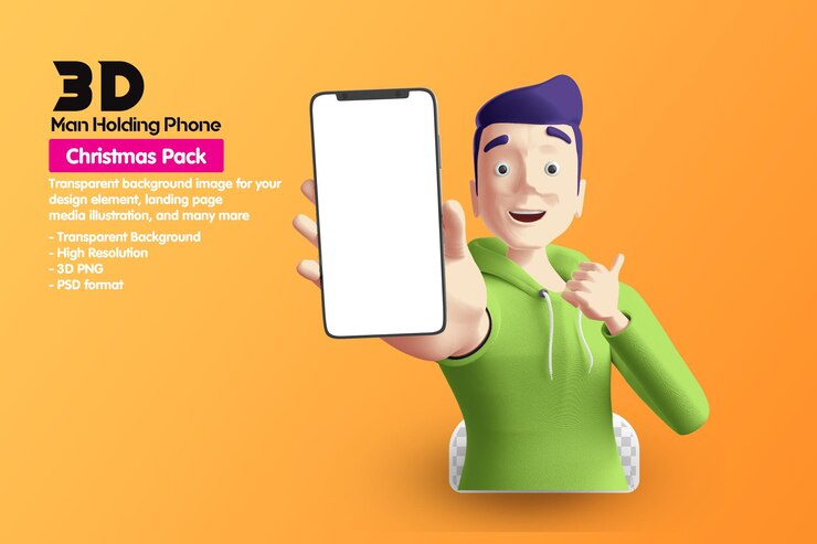 PSD 3d man holding phone touchscreen technology business concept 3d cartoon illustration