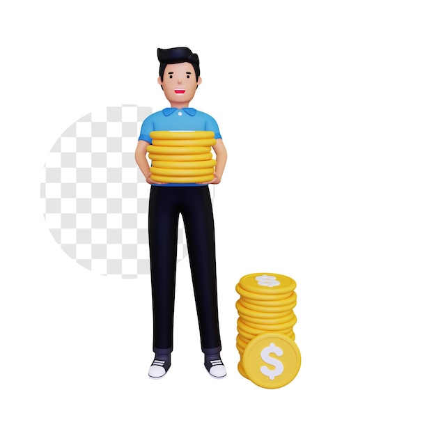 3d man holding a pile of gold coins