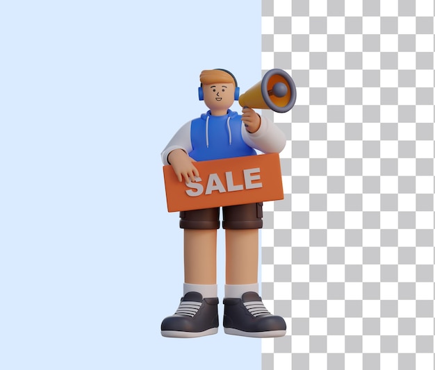 3D Man Holding Sale Sign