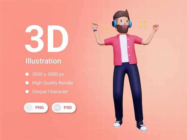 PSD 3d man is listening to music while dancing