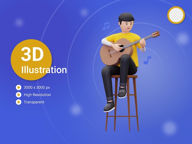L'uomo 3d sta sedendosi su una sedia mentre gioca un'illustrazione della chitarra acustica