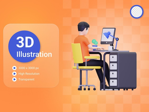 PSD 3d マンがオフィスでイラストを描いています