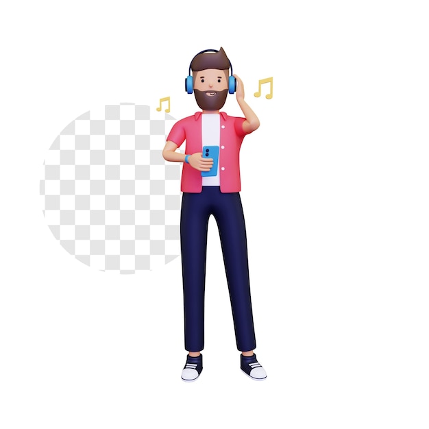 3d man listens to music on his smartphone