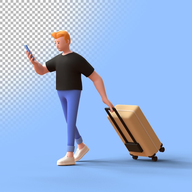 3d-man lopen met behulp van smartphone. drie dimensionale render illustratie.
