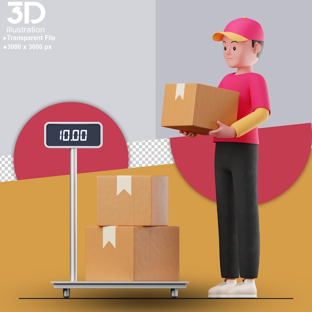 PSD 3d man met een gewicht levering 3d illustratie 3d karakter op geïsoleerde achtergrond