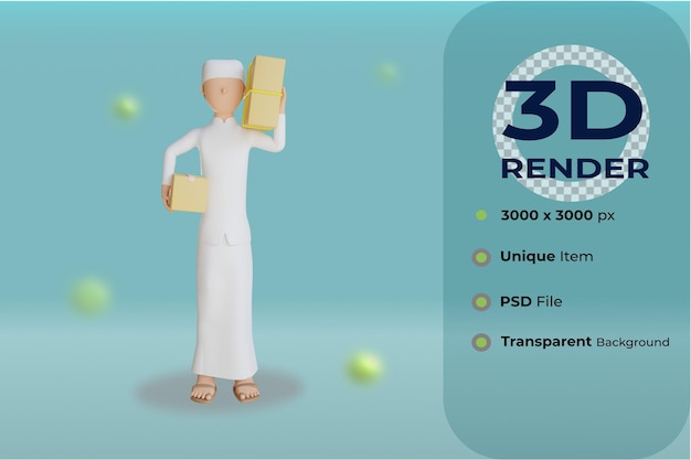 3d-man moslim brengt pakketillustratie met transparante achtergrond