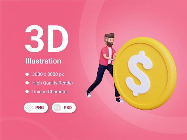 3D человек толкает массивную золотую монету