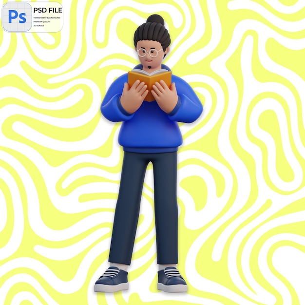 PSD 3d man reading book render icon geïsoleerd png illustratie psd sjabloon