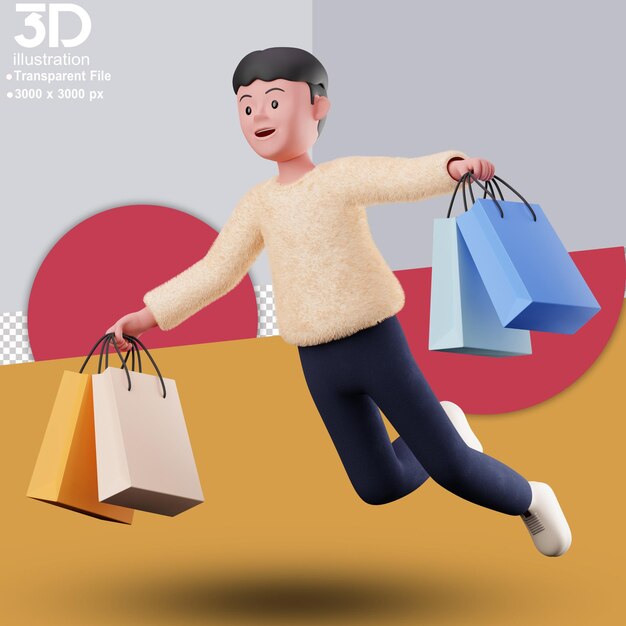 PSD 3d man vliegen met tassen 3d illustratie 3d karakter op geïsoleerde achtergrond