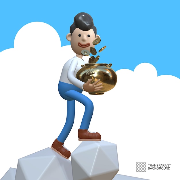 3D Man with Gold Coin Cauldron