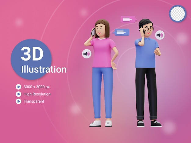 3 d の男性と女性が電話で会話をしているイラスト