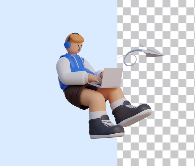 3D Man zweeft met zijn laptop