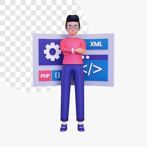 3D-mandlig karakter står foran programmeringsskærmen