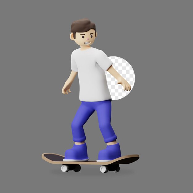 PSD 3d mannelijk jong personage dat skateboard speelt