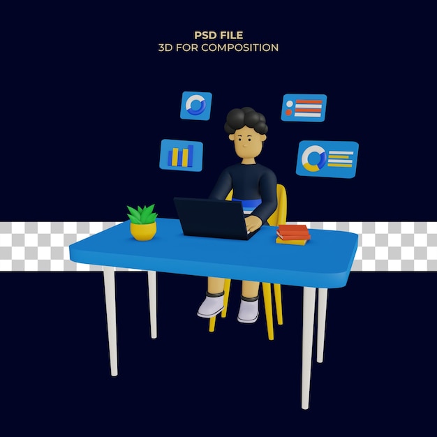 3d mannelijk karakter voor laptop die gegevens bestudeert en er is een cirkeldiagram Psd
