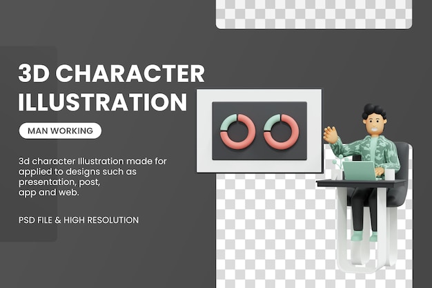 3d mannelijk karakter werkend met behulp van laptop freelancer 3d-rendering premium psd