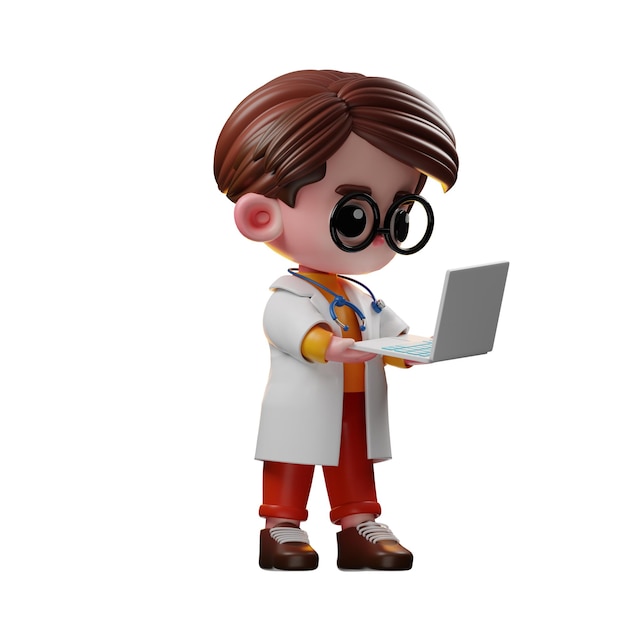 PSD 3d mannelijke arts karakter werkende laptop