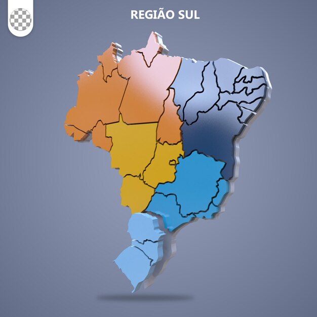 PSD 3d map brazil by regions in vintage colors southern region educational