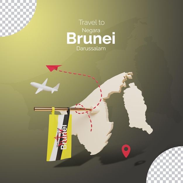 PSD mappa 3d del brunei con il concetto di viaggio sullo sfondo verde