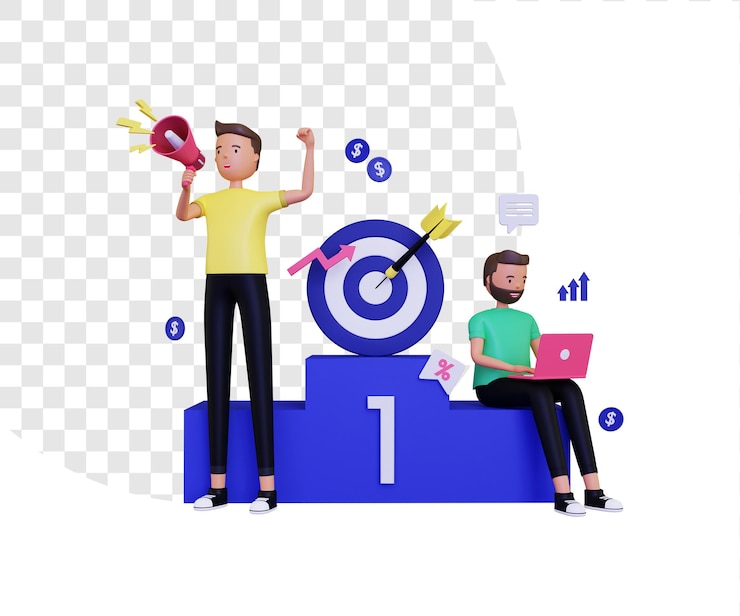 PSD 3d marketing with a megaphone loudspeaker and podium