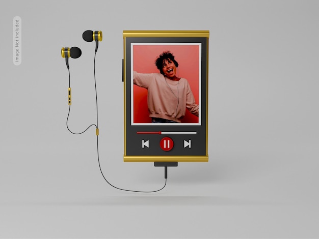 PSD 3d media player with earphone mockup