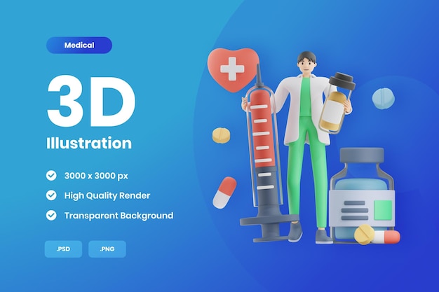 3D врач, стоящий с медицинской иллюстрацией