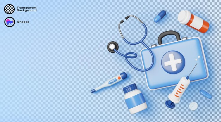PSD 3d medical equipment banner doctor bag with first aid medicine stethoscope thermometer syringe bottle with pill and drug on blue render background ambulance service healthcare