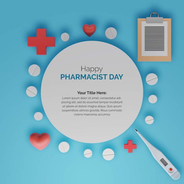 PSD 3d medicines heart in the shape of a circle on blue background happy pharmacist day