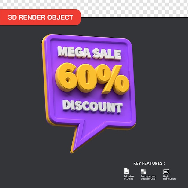 Promozione mega vendita 3d sconto del 60% isolato utile per l'e-commerce e l'illustrazione del negozio online