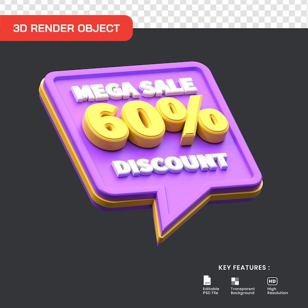 3d 메가 판매 프로모션 60% 할인이 격리되었습니다. 전자 상거래 및 쇼핑 일러스트레이션에 유용합니다.