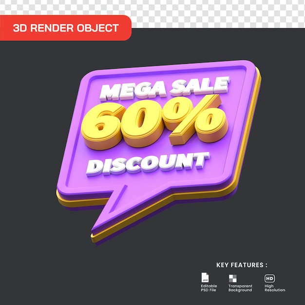 3d mega verkoop promo 60 procent korting geïsoleerd. handig voor e-commerce en winkelillustraties