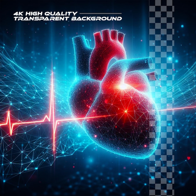PSD 3d menselijk hart met rode cardiopulslijnlaag polystijlontwerpabstract blauw geometrisch